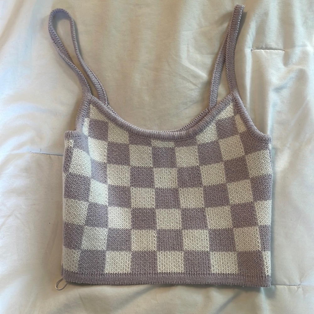 Purple and white checkered pattern top